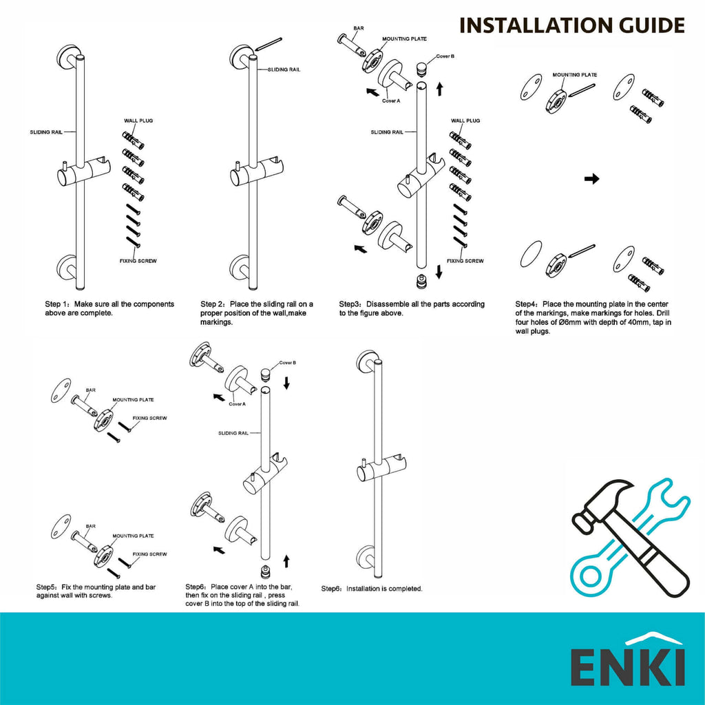 Contemporary Shower Slider Riser Rail Kit With 3 Function Shower Head, Hose and Wall Elbow - Chrome