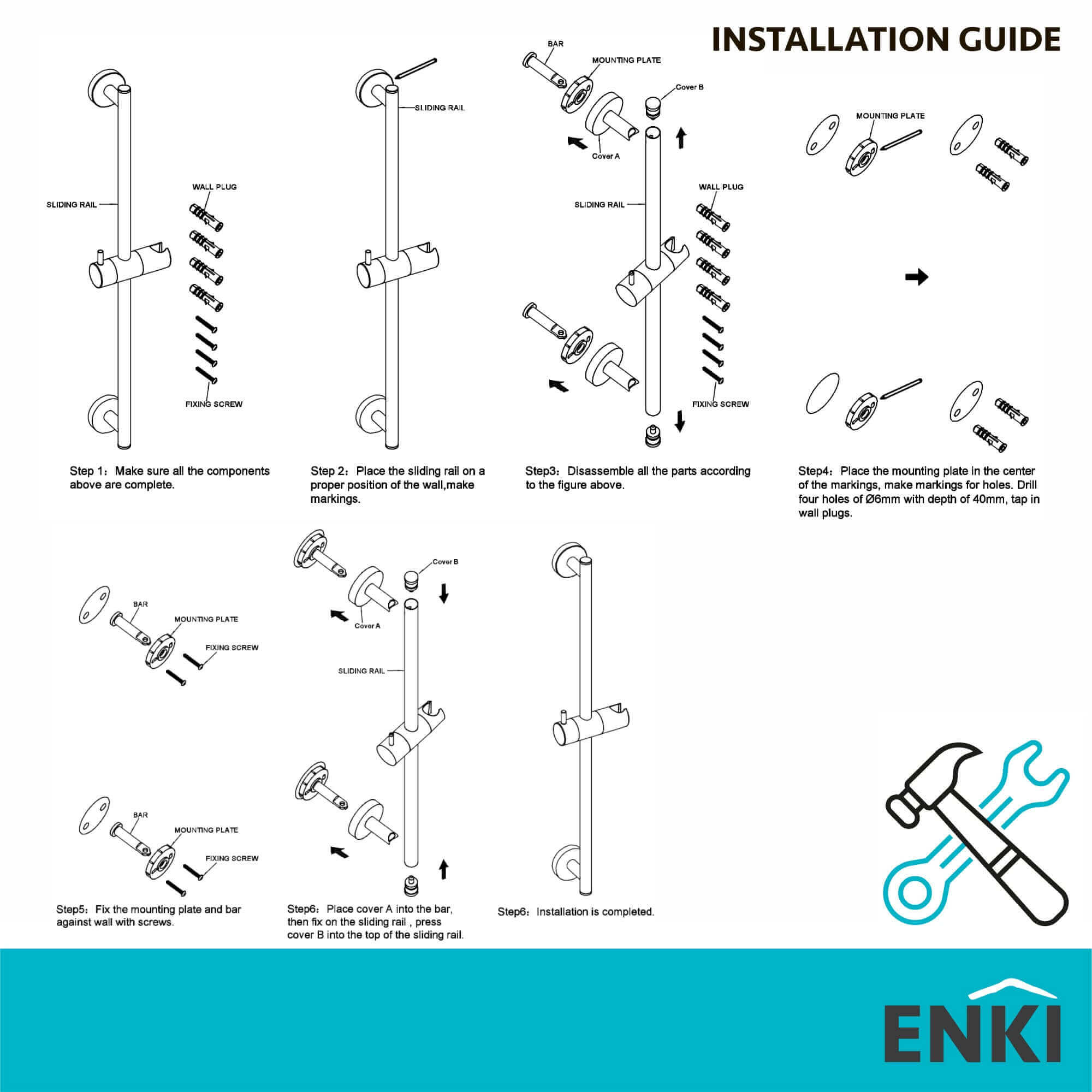 Contemporary Shower Slider Riser Rail Kit With 3 Function Shower Head, Hose and Wall Elbow - Chrome