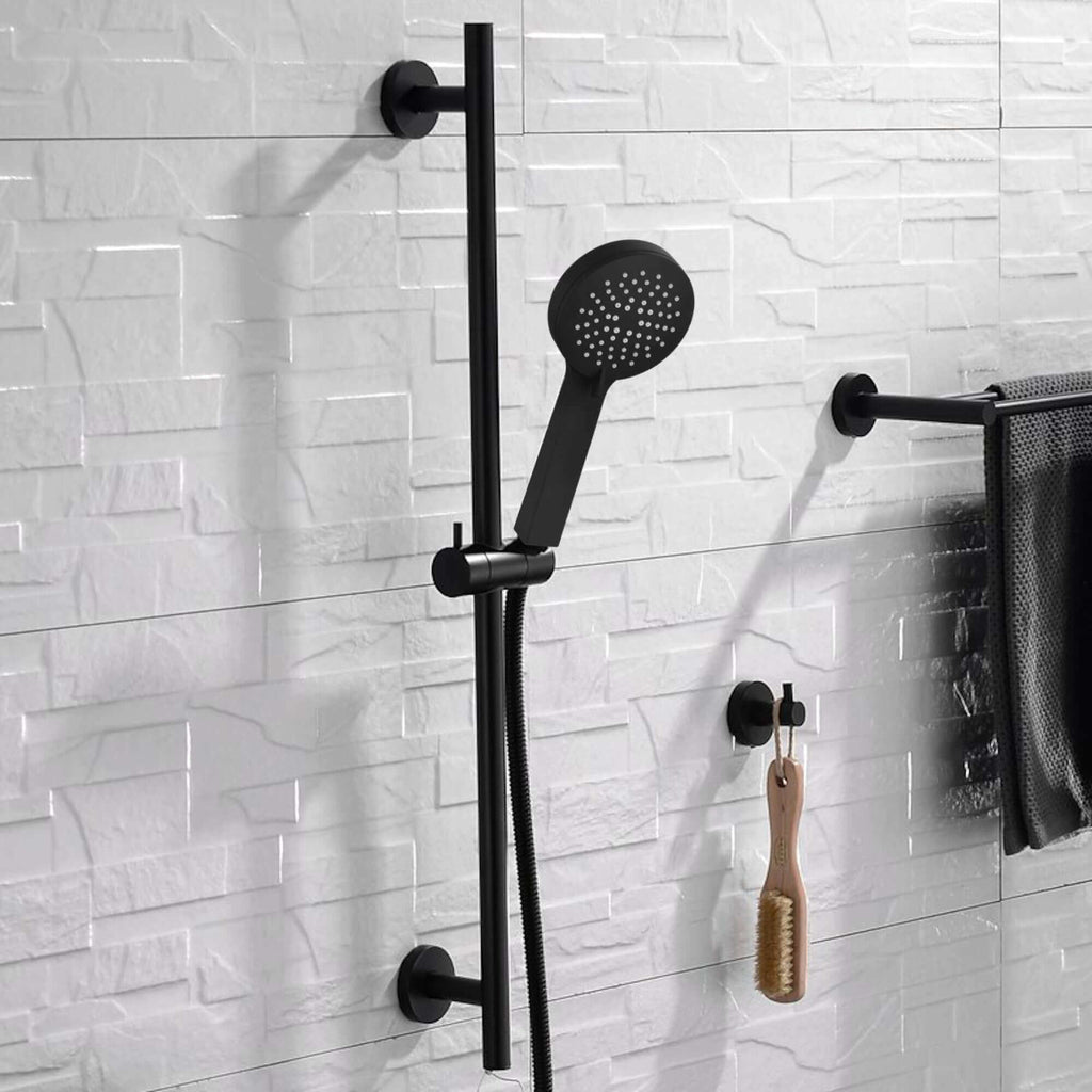 Contemporary Shower Slider Riser Rail Kit With 3 Function Shower Head, Hose and Wall Elbow - Matt Black
