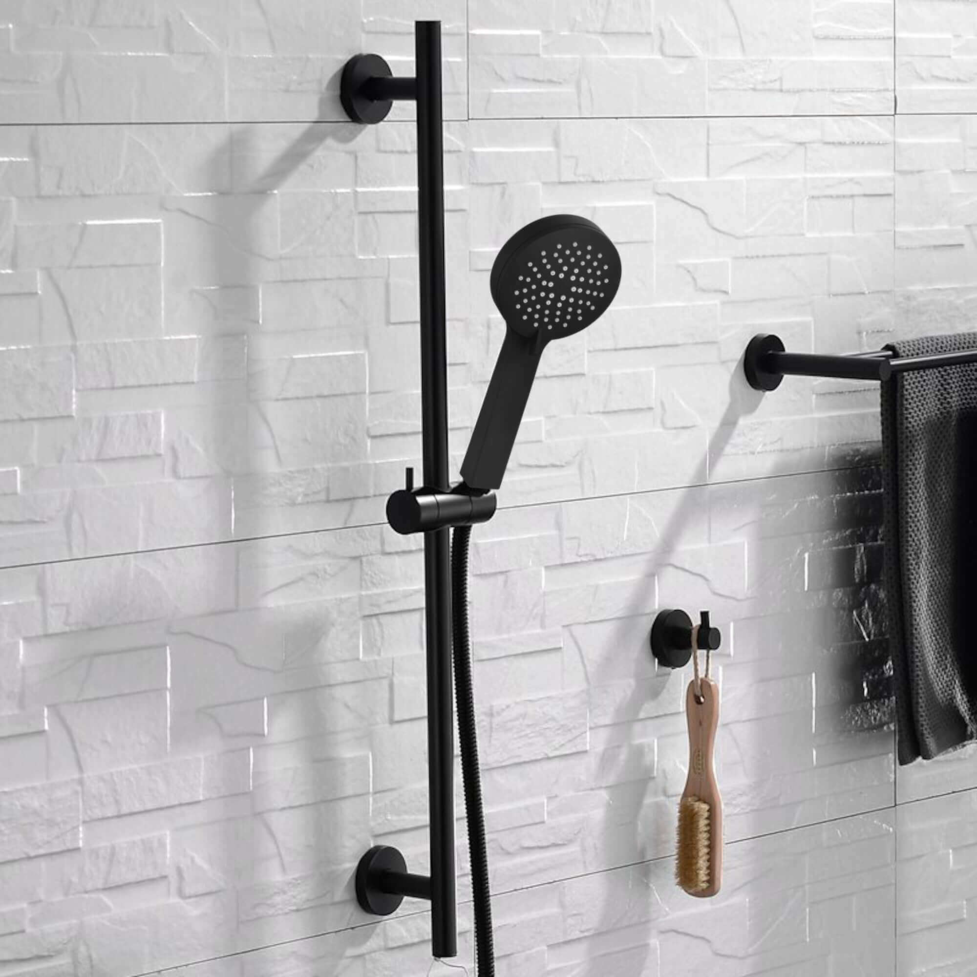 Contemporary Shower Slider Riser Rail Kit With 3 Function Shower Head, Hose and Wall Elbow - Matt Black