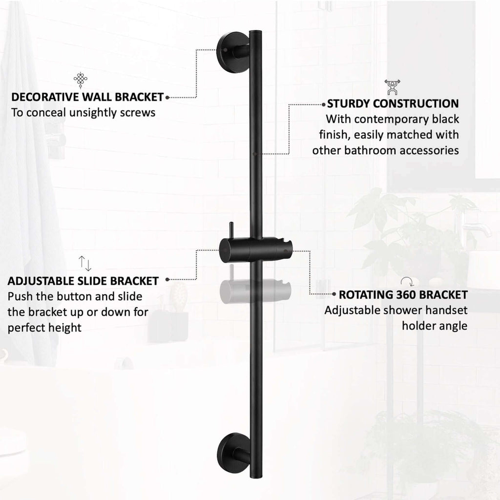 Contemporary Shower Slider Riser Rail Kit With 3 Function Shower Head, Hose and Wall Elbow - Matt Black