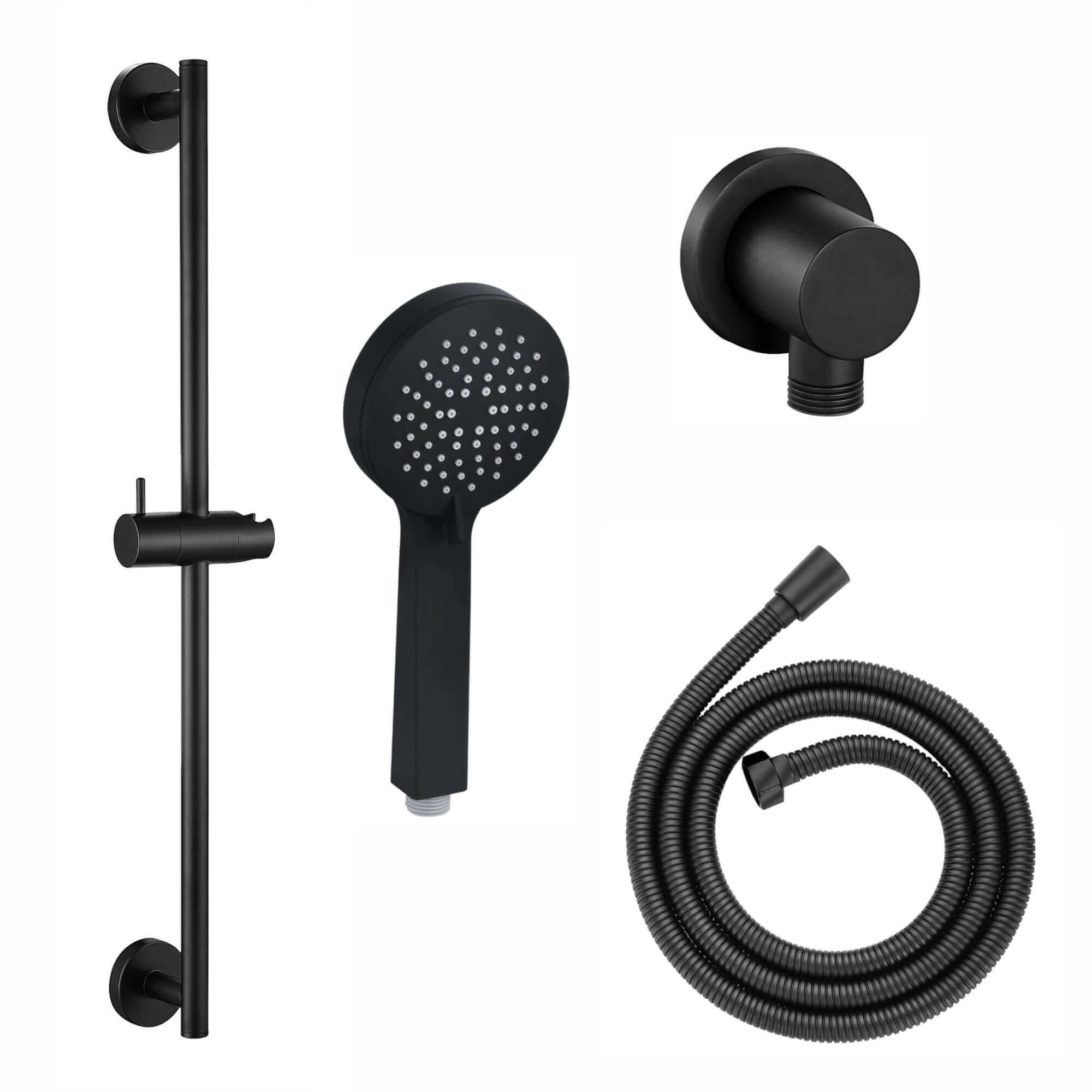 Contemporary Shower Slider Riser Rail Kit With 3 Function Shower Head, Hose and Wall Elbow - Matt Black