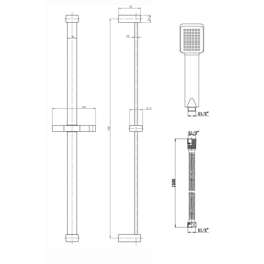 Square contemporary shower slider riser rail kit with handset and hose - chrome