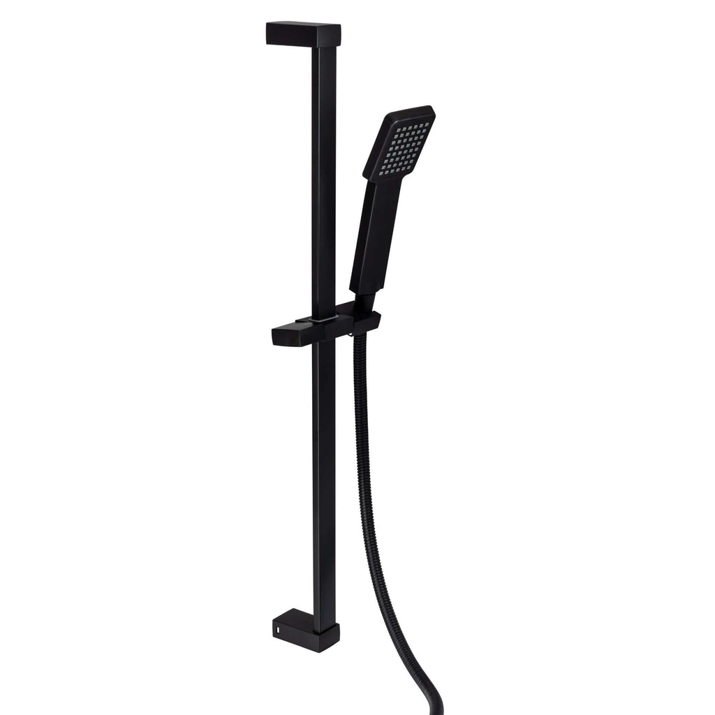 Square contemporary shower slider riser rail kit with handset and hose - black