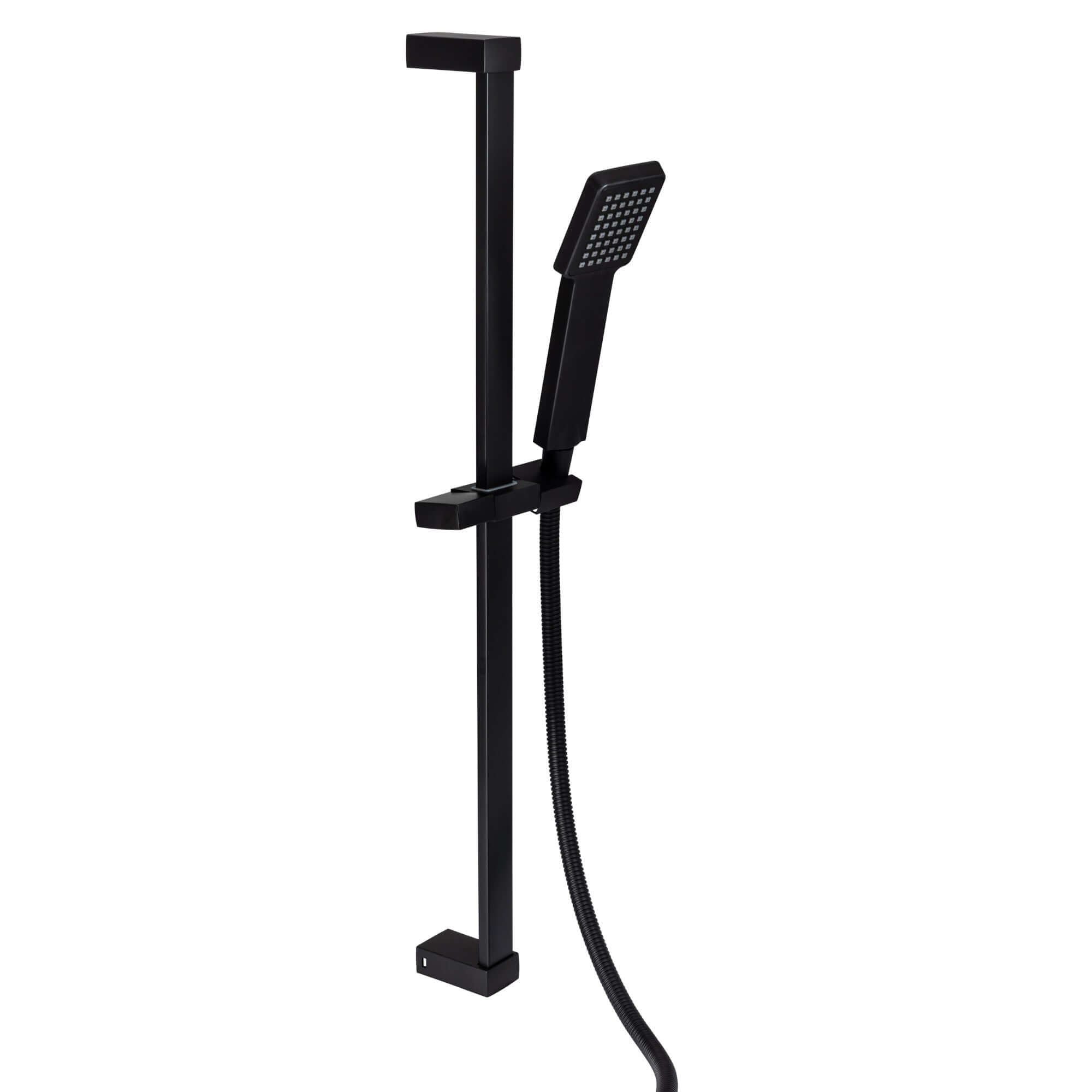 Square contemporary shower slider riser rail kit with handset and hose - black