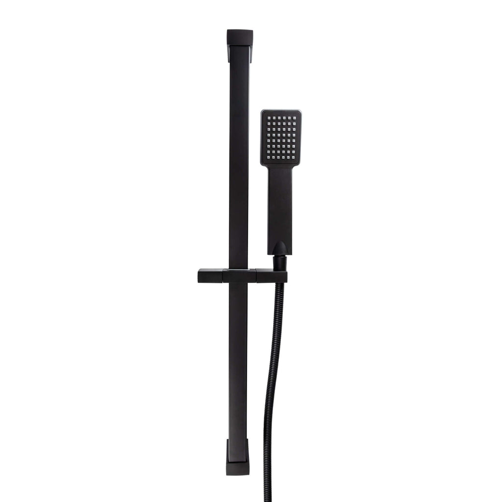 Square contemporary shower slider riser rail kit with handset and hose - black