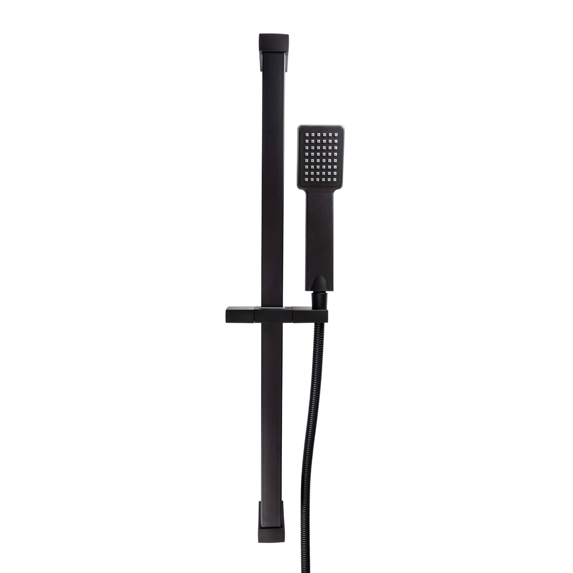 Square contemporary shower slider riser rail kit with handset and hose - black