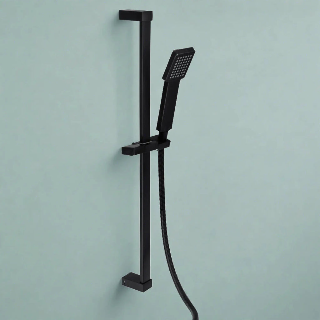 Square contemporary shower slider riser rail kit with handset and hose - black