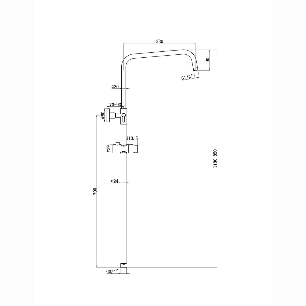 Dune shower adjustable rigid riser rail angled stainless steel - chrome