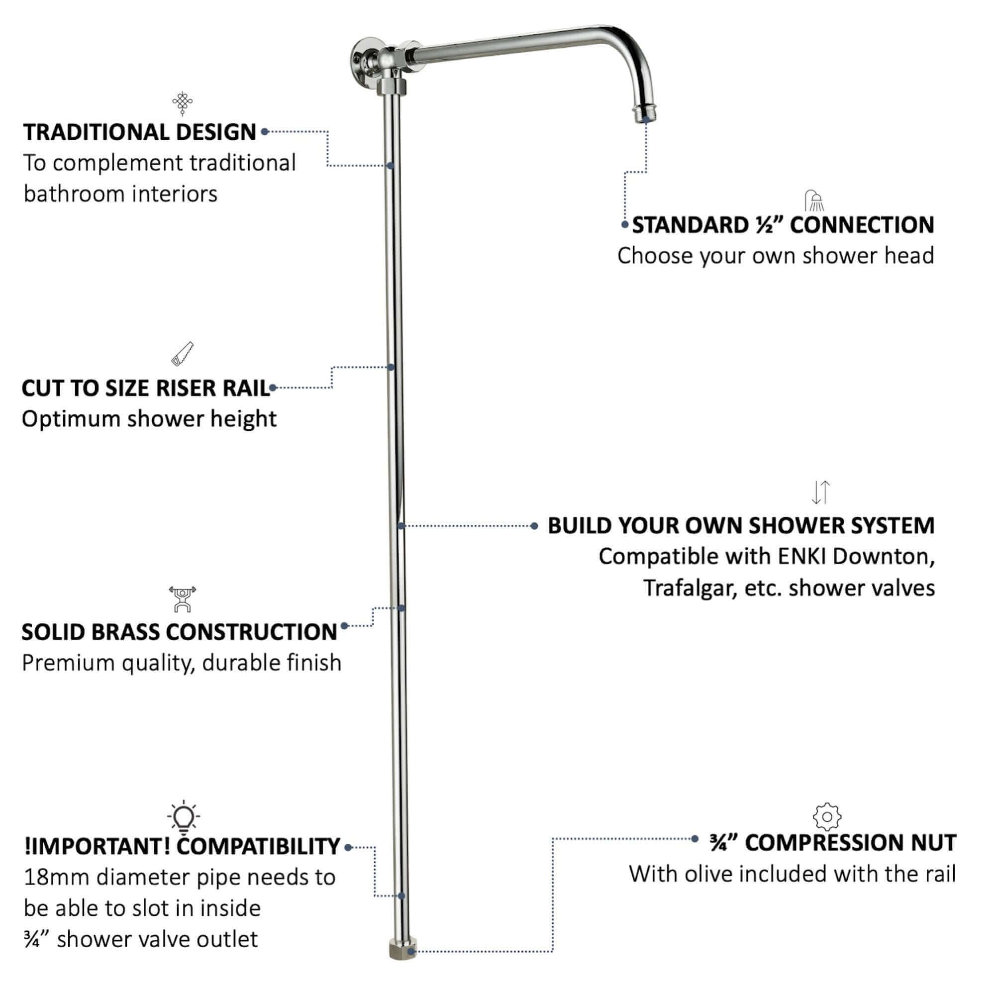 Downton shower rigid riser rail traditional brass - chrome
