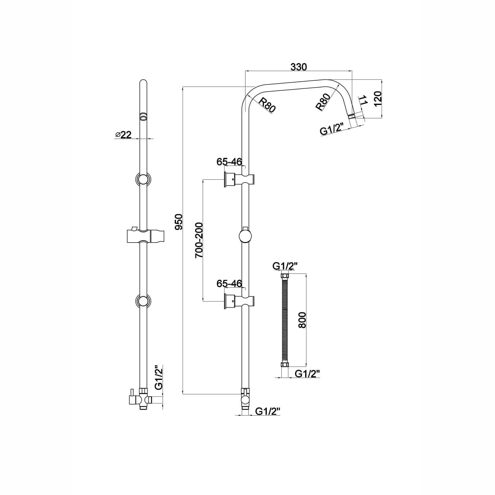 Carre shower adjustable rigid riser rail angled with 2 wall brackets, handset bracket, diverter, connecting hose - chrome