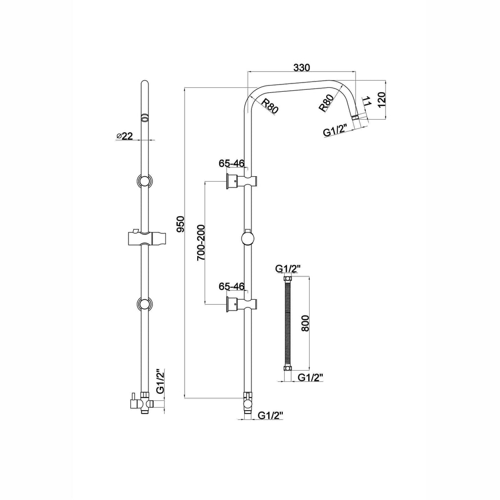 Carre shower adjustable rigid riser rail angled with 2 wall brackets, handset bracket, diverter, connecting hose - black