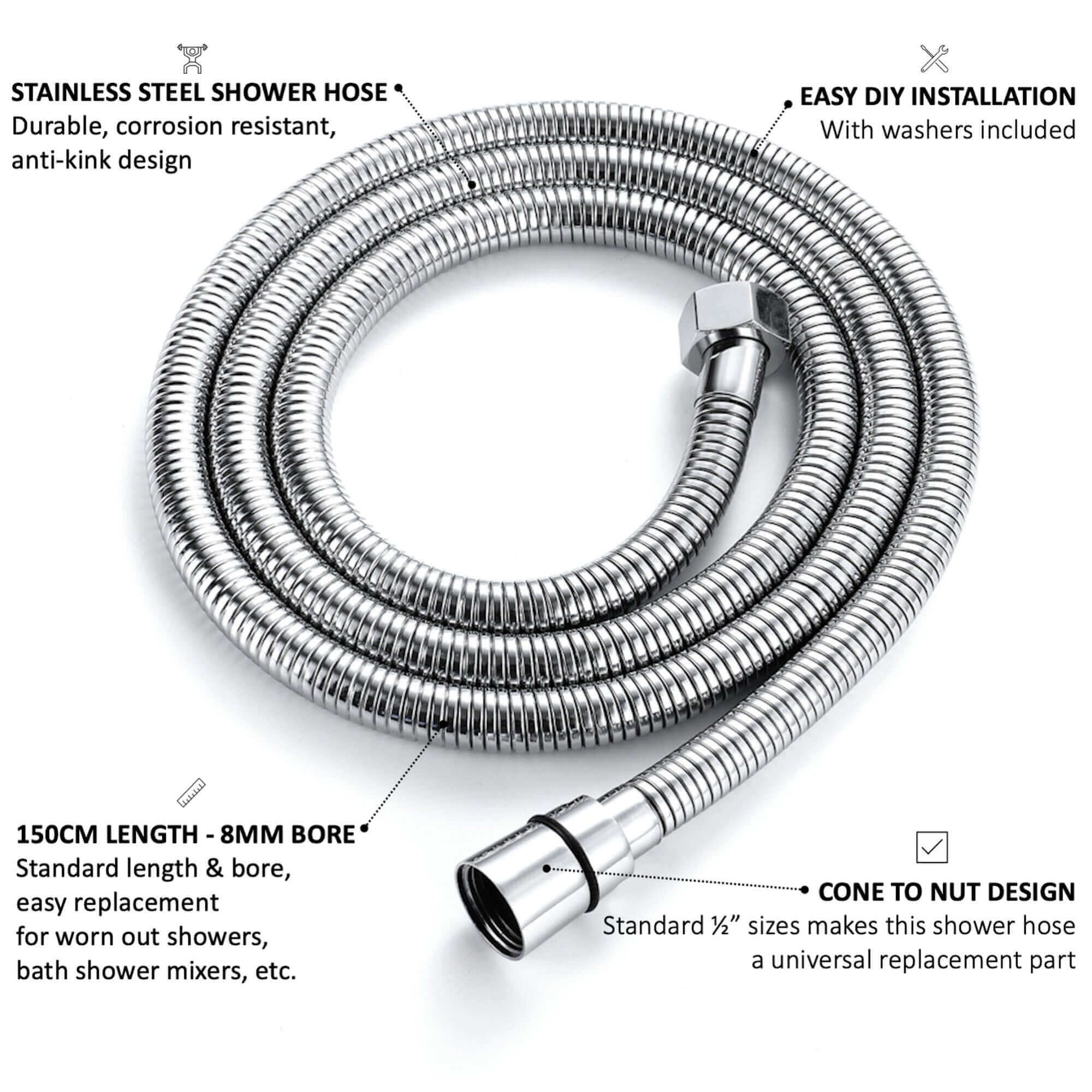 Flex shower hose stainless steel 1.5m standard bore - chrome