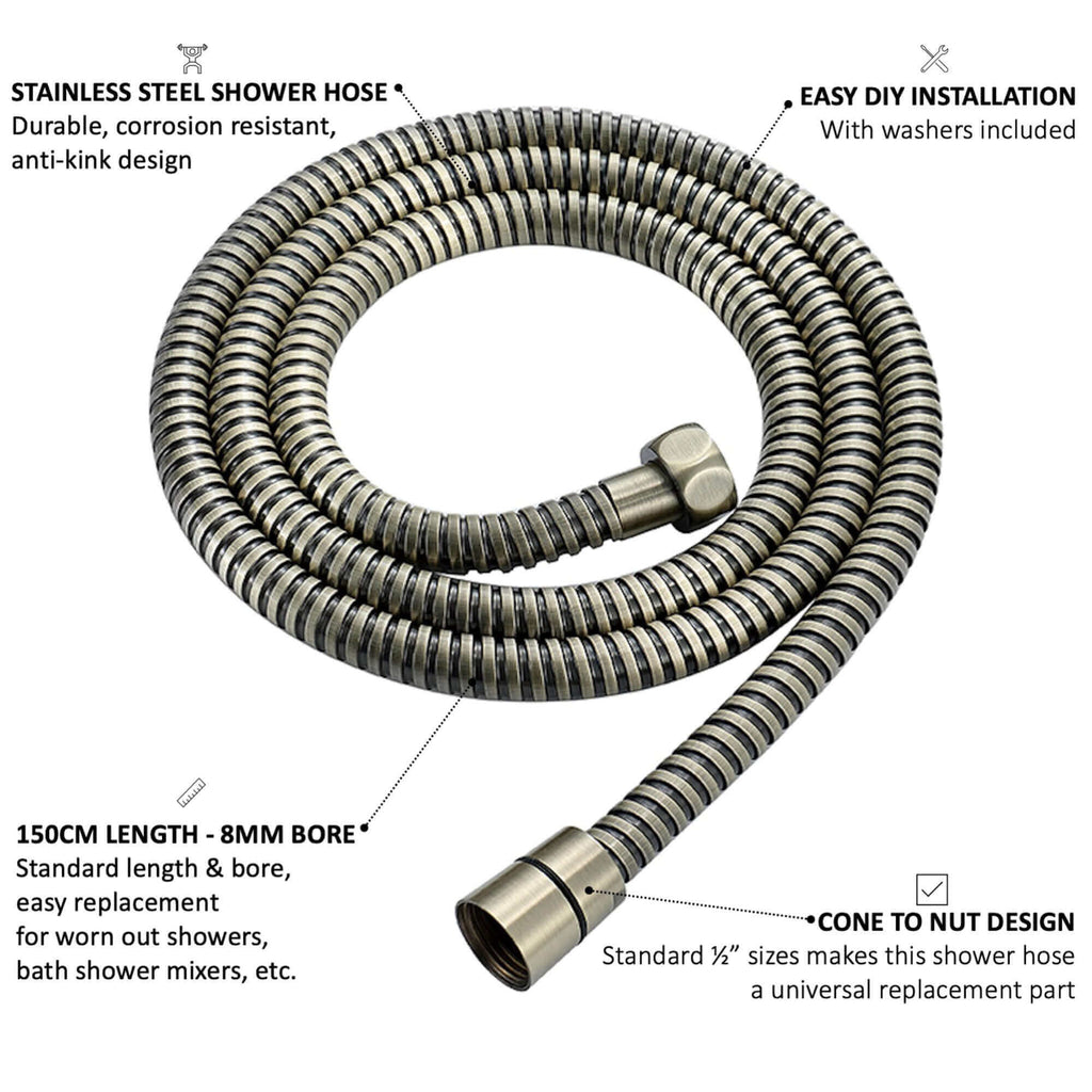 Flex shower hose stainless steel 1.5m standard bore - antique  brass