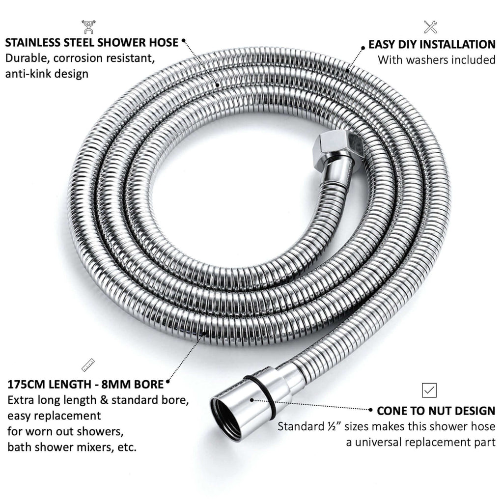 Flex shower hose stainless steel 1.75m standard bore - chrome
