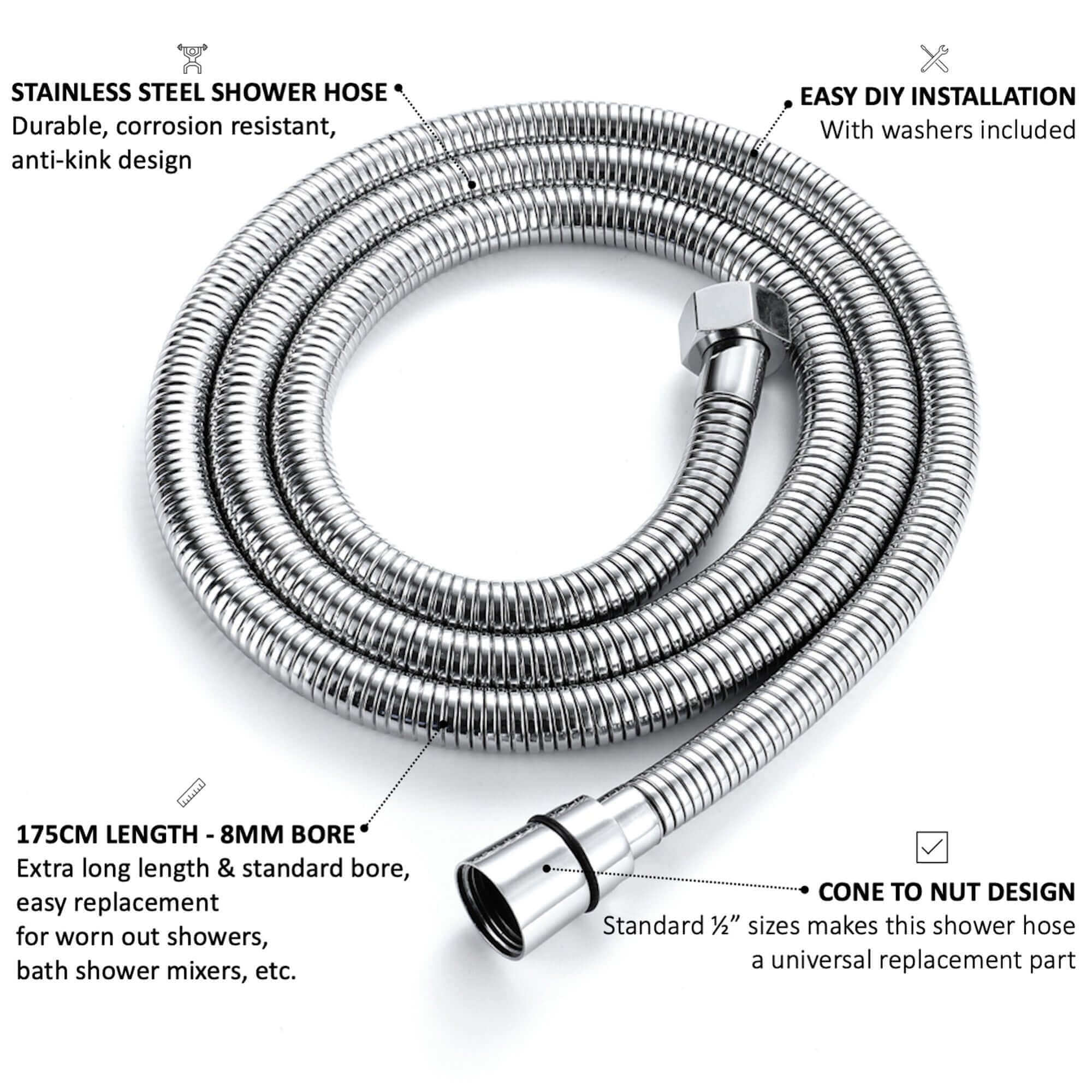 Flex shower hose stainless steel 1.75m standard bore - chrome