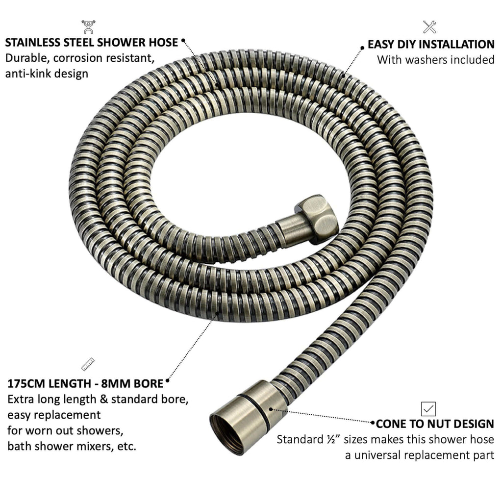 Flex shower hose stainless steel 1.75m standard bore - antique brass