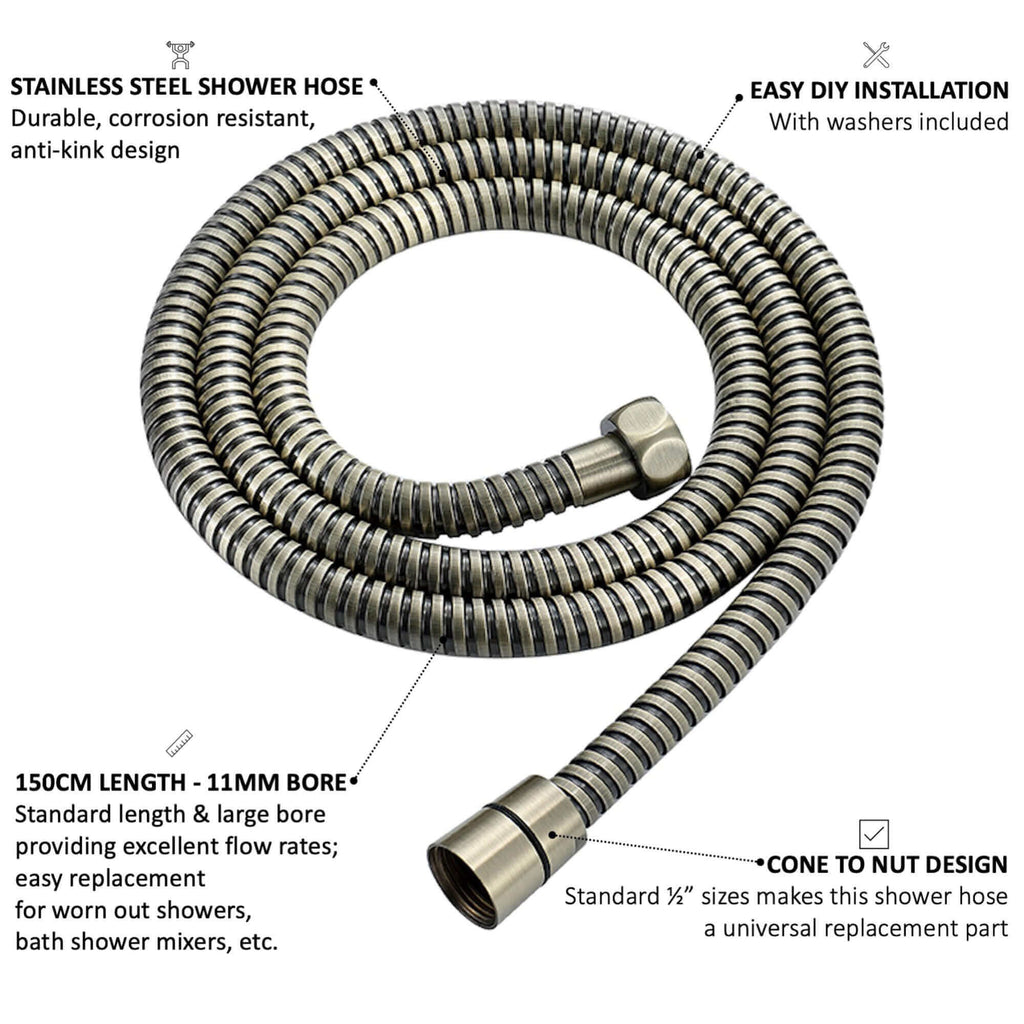 Flex shower hose stainless steel 1.5m large bore - antique brass