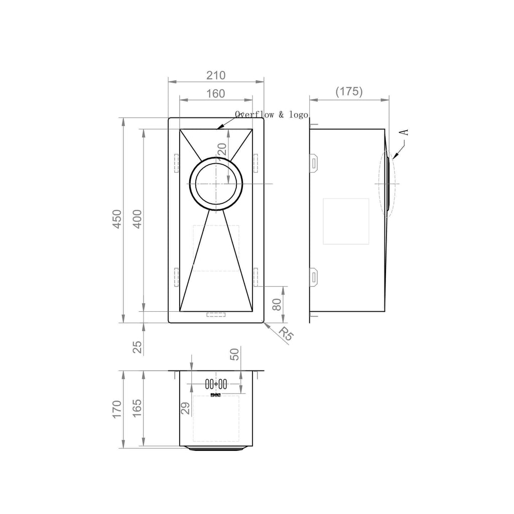 Zero 210mm x 450mm 0.5 bowl undermount or topmount kitchen sink with overflow - gunmetal grey stainless steel