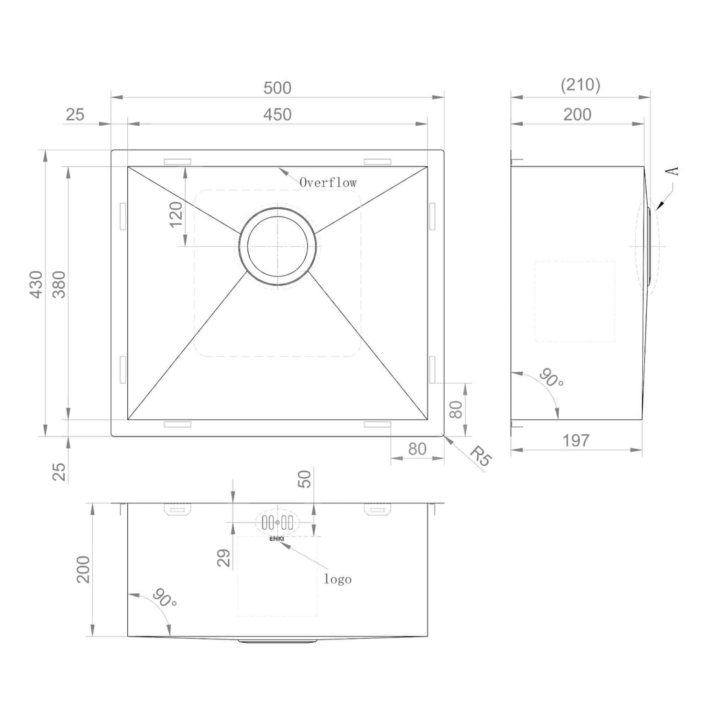 Axia 500mm x 430mm 1.0 bowl undermount or topmount kitchen sink with overflow - brushed stainless steel