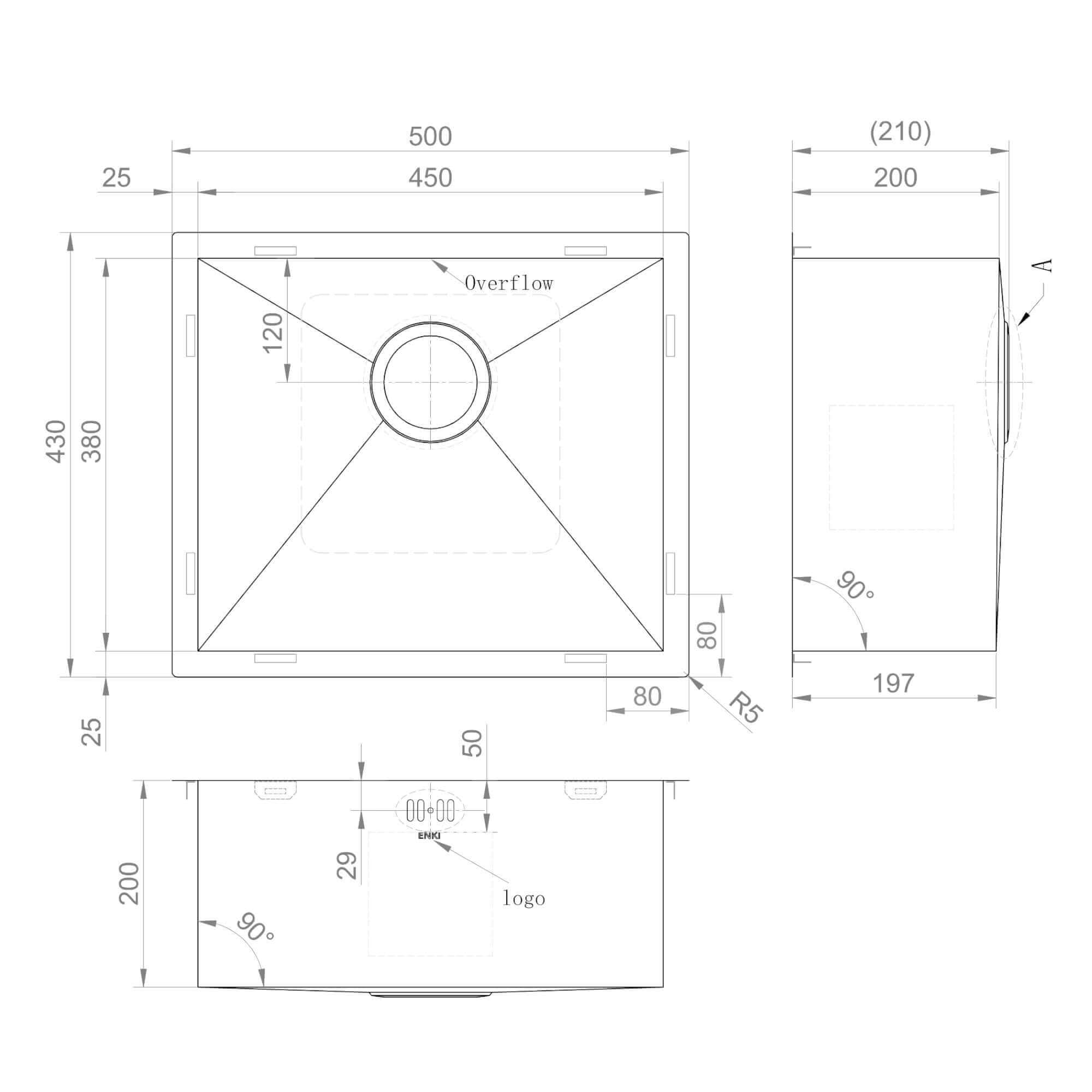 Axia 500mm x 430mm 1.0 bowl undermount or topmount kitchen sink with overflow - gunmetal grey stainless steel