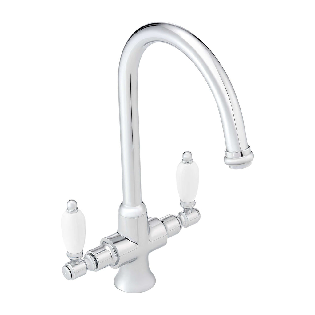 Dorchester Georgian dual flow kitchen sink tap with twin white levers - chrome