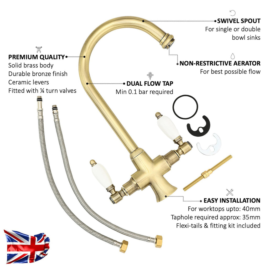Dorchester Georgian dual flow kitchen sink tap with twin white levers - antique brass