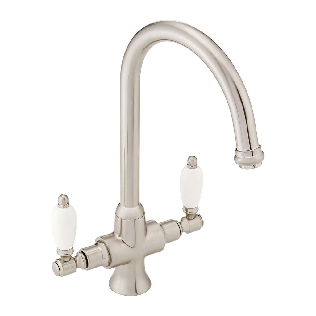 Dorchester Georgian dual flow kitchen sink tap with twin white levers - brushed nickel