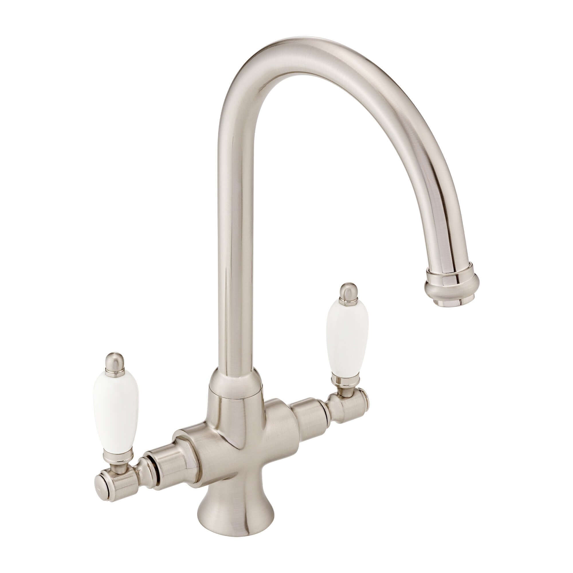 Dorchester Georgian dual flow kitchen sink tap with twin white levers - brushed nickel