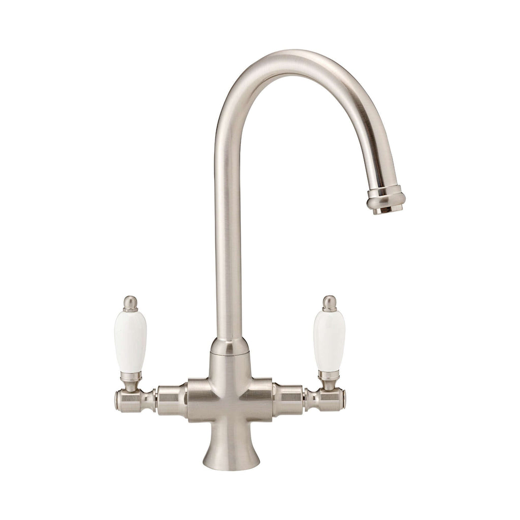 Dorchester Georgian dual flow kitchen sink tap with twin white levers - brushed nickel