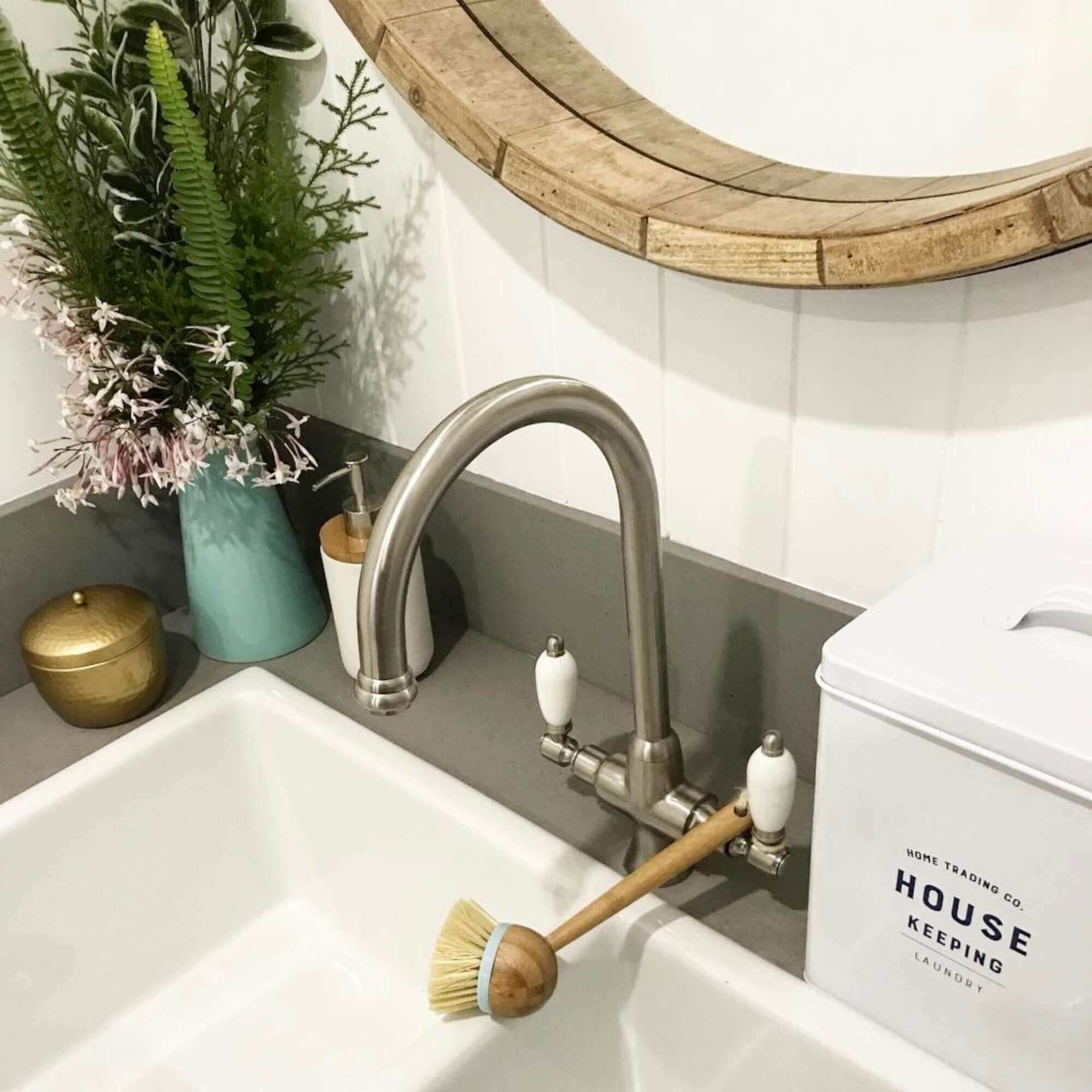 Dorchester Georgian dual flow kitchen sink tap with twin white levers - brushed nickel