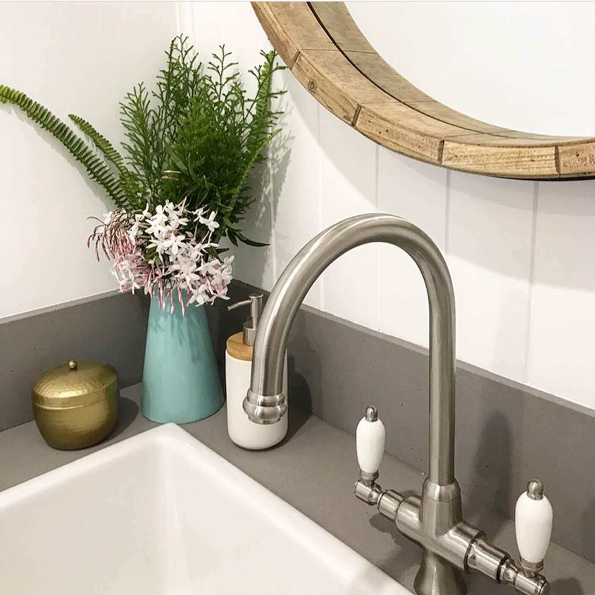 Dorchester Georgian dual flow kitchen sink tap with twin white levers - brushed nickel