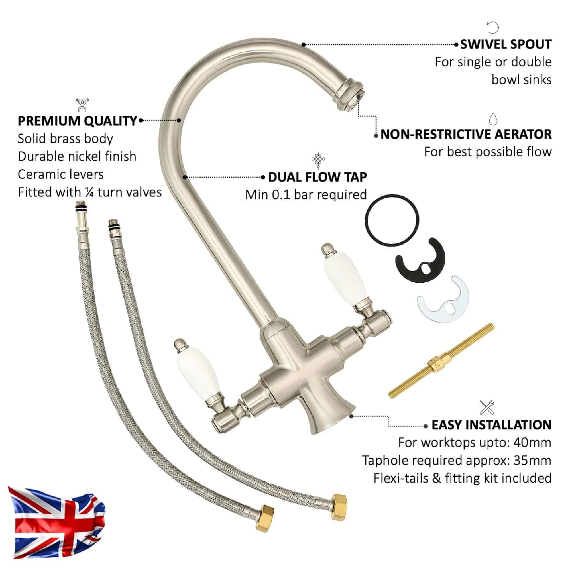 Dorchester Georgian dual flow kitchen sink tap with twin white levers - brushed nickel