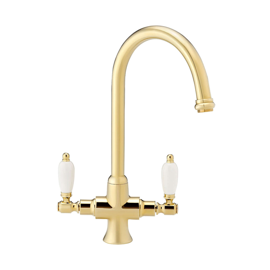 Dorchester Georgian dual flow kitchen sink tap with twin white levers - gold