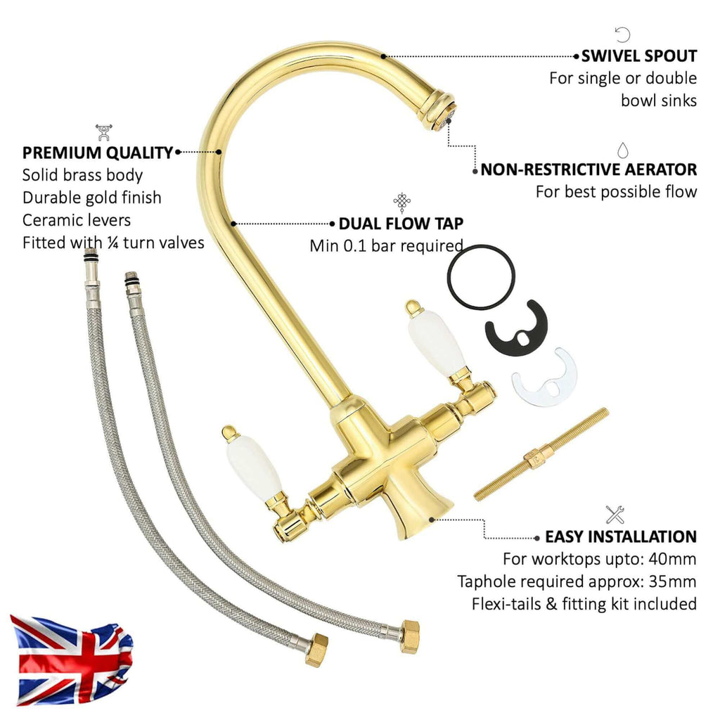 Dorchester Georgian dual flow kitchen sink tap with twin white levers - gold
