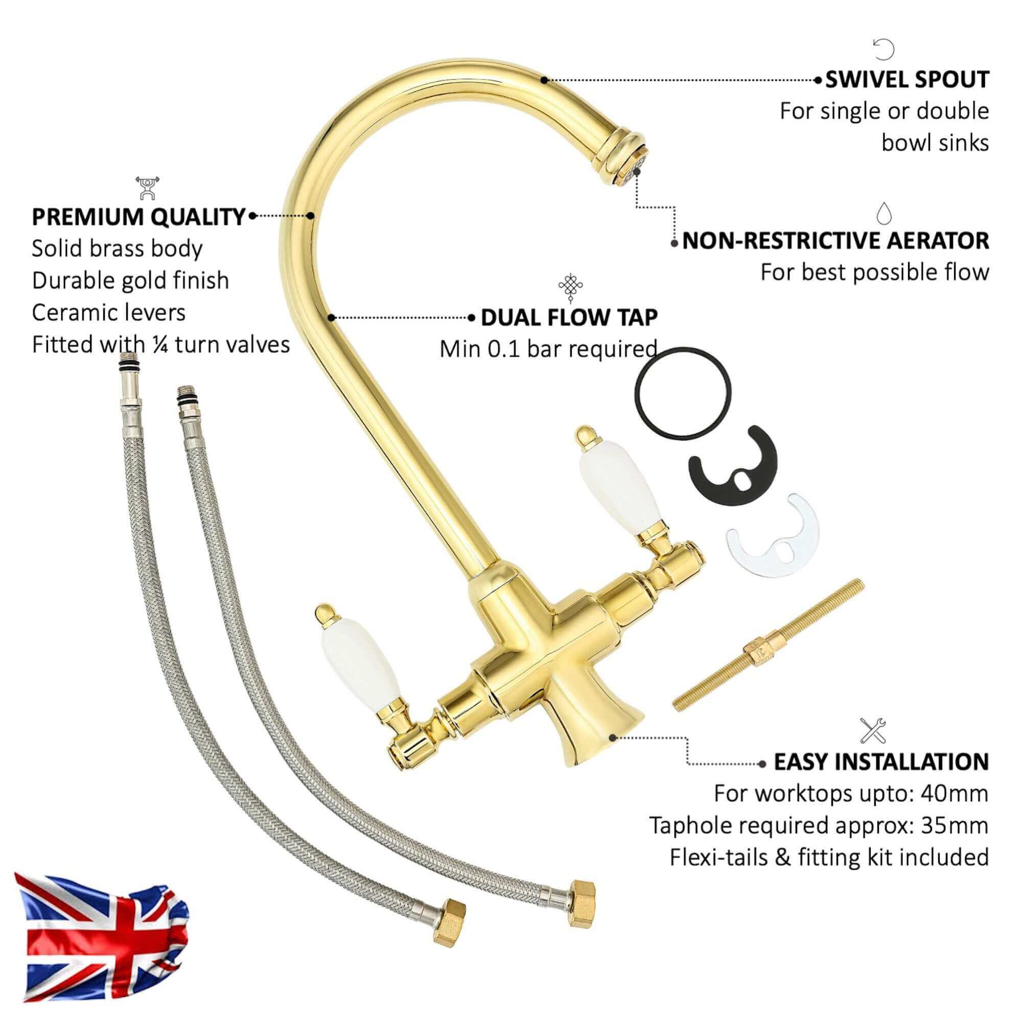 Dorchester Georgian dual flow kitchen sink tap with twin white levers - gold