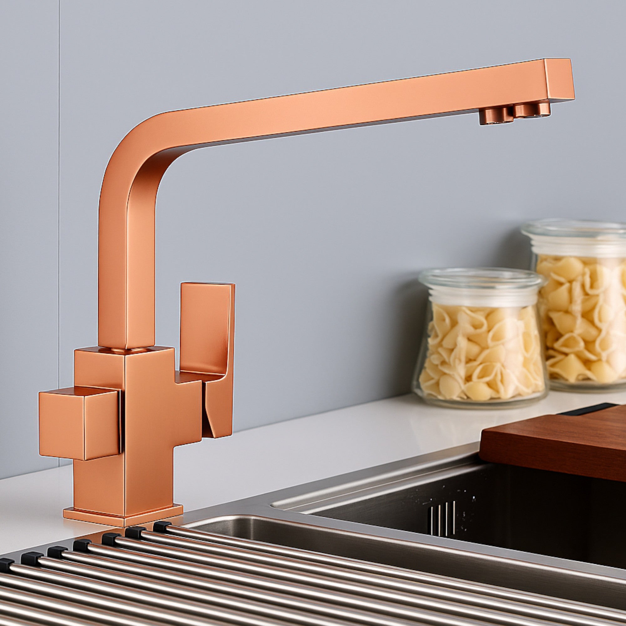 Turin modern square 3 way kitchen sink filter mixer tap - rose gold