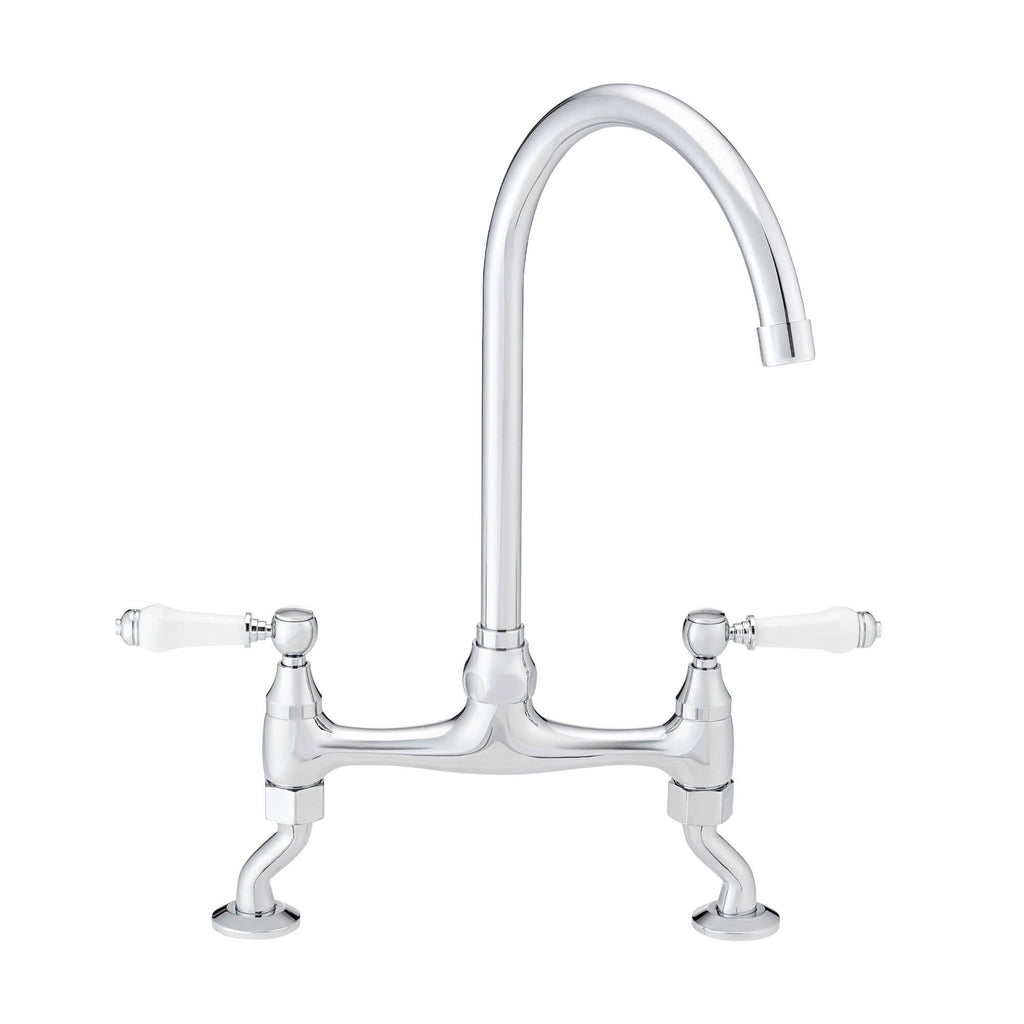 Astbury traditional bridge kitchen mixer  tap with white ceramic levers deck mounted - chrome