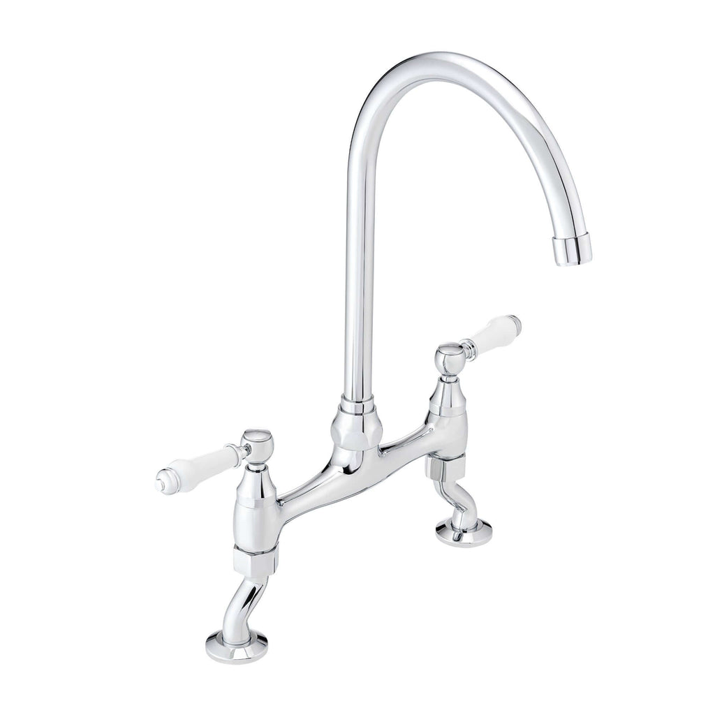 Astbury traditional bridge kitchen mixer  tap with white ceramic levers deck mounted - chrome