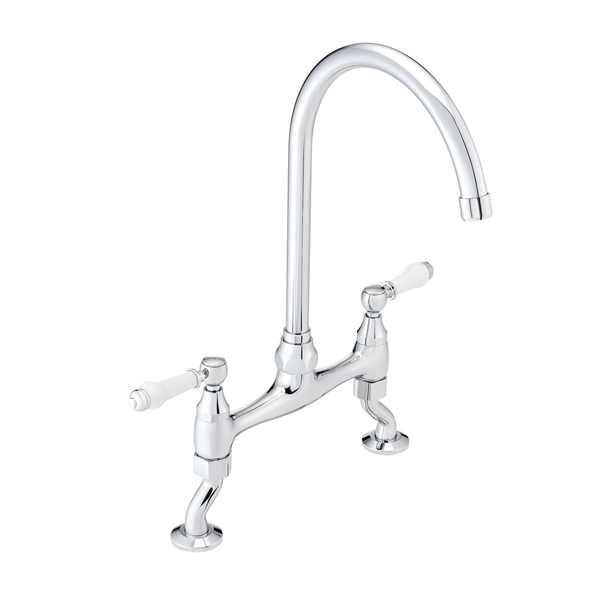Astbury traditional bridge kitchen mixer  tap with white ceramic levers deck mounted - chrome