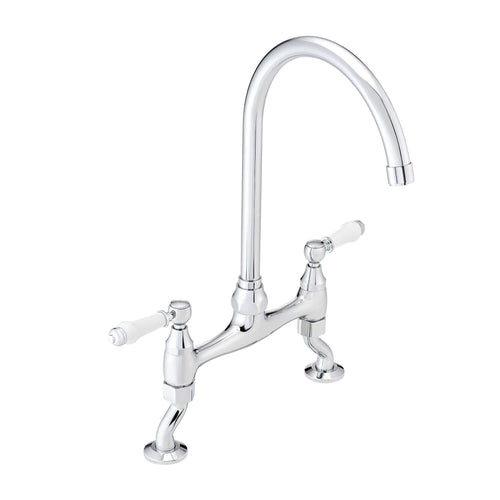 Astbury traditional bridge kitchen mixer  tap with white ceramic levers deck mounted - chrome