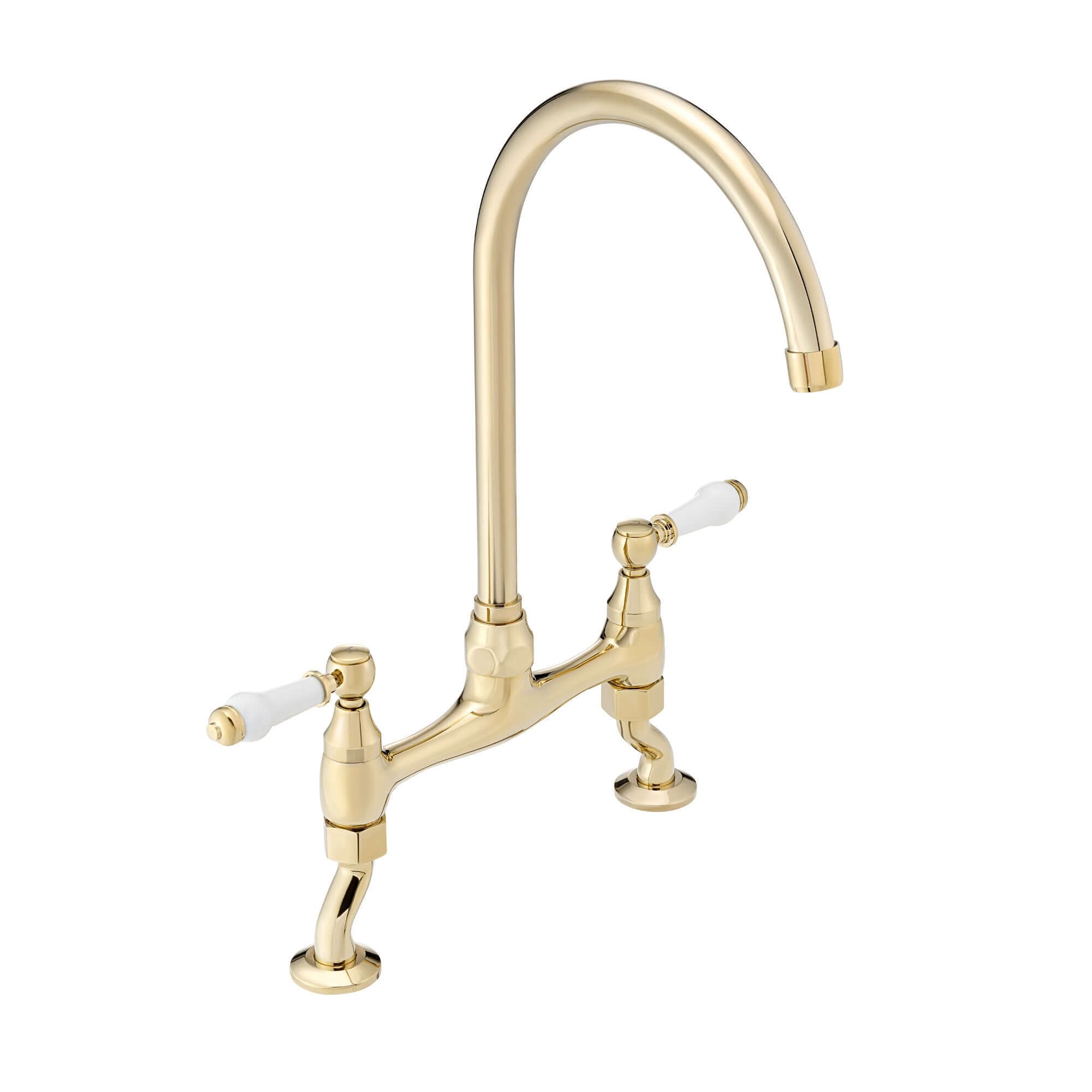 Astbury traditional bridge kitchen mixer  tap with white ceramic levers deck mounted - gold