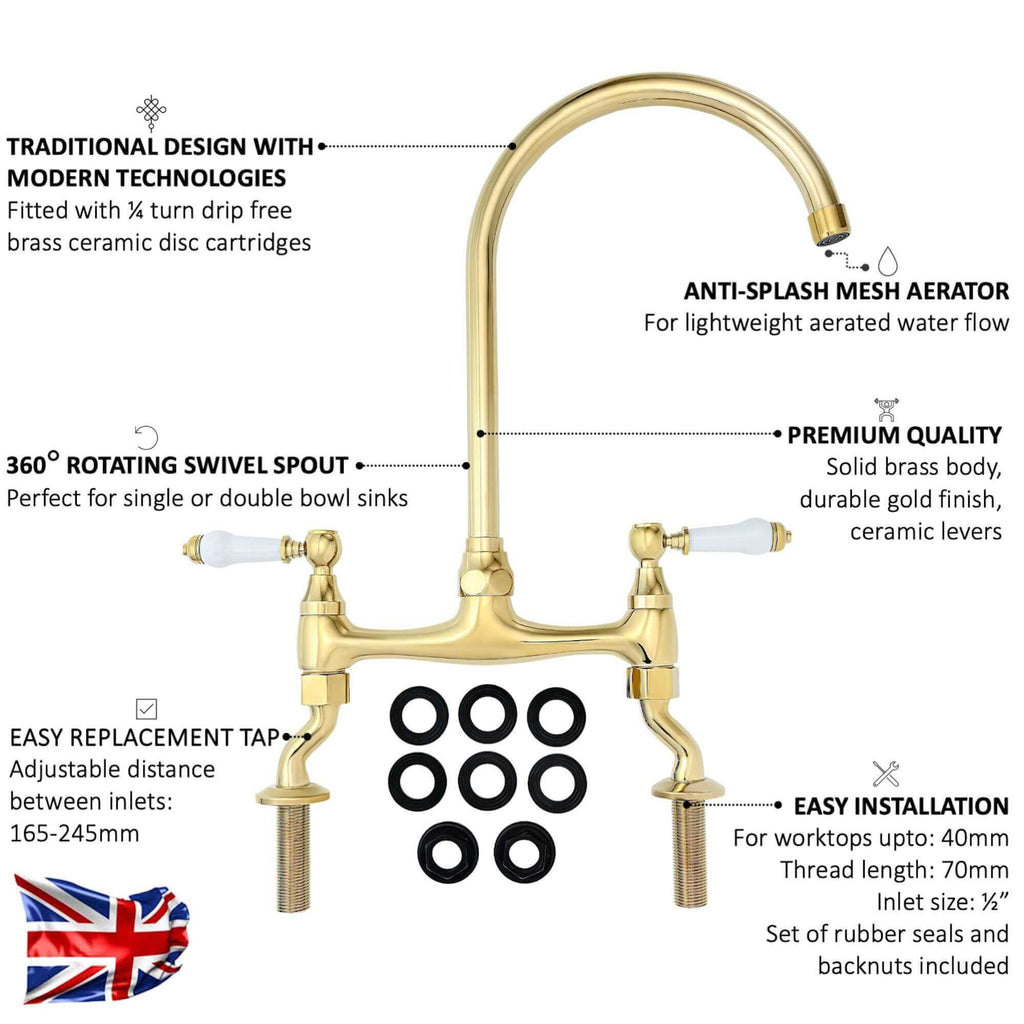 Astbury traditional bridge kitchen mixer  tap with white ceramic levers deck mounted - gold