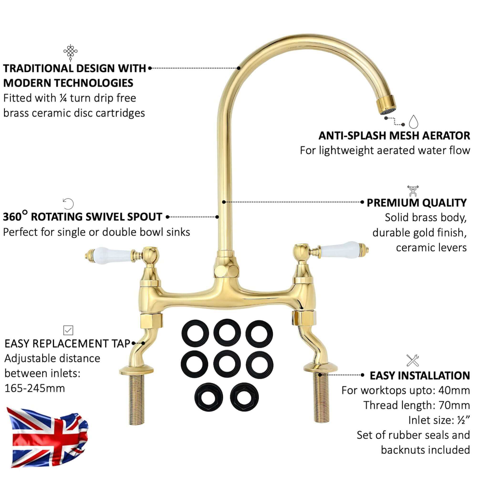 Astbury traditional bridge kitchen mixer  tap with white ceramic levers deck mounted - gold