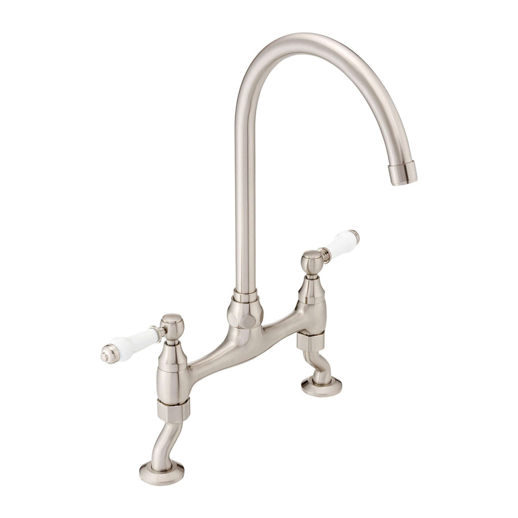 Astbury traditional bridge kitchen mixer  tap with white ceramic levers deck mounted - brushed nickel