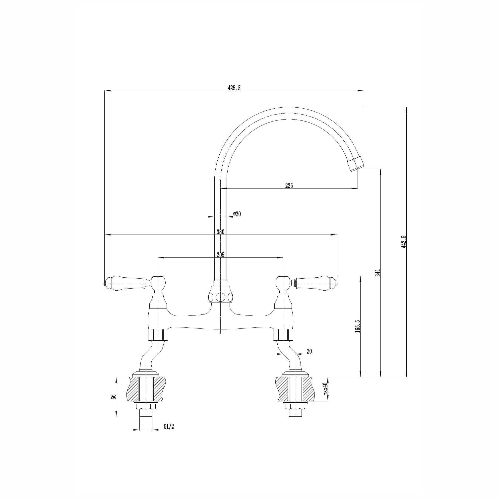 Astbury traditional bridge kitchen mixer  tap with white ceramic levers deck mounted - brushed nickel