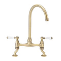 Astbury traditional bridge kitchen mixer tap with white ceramic levers deck mounted - antique brass