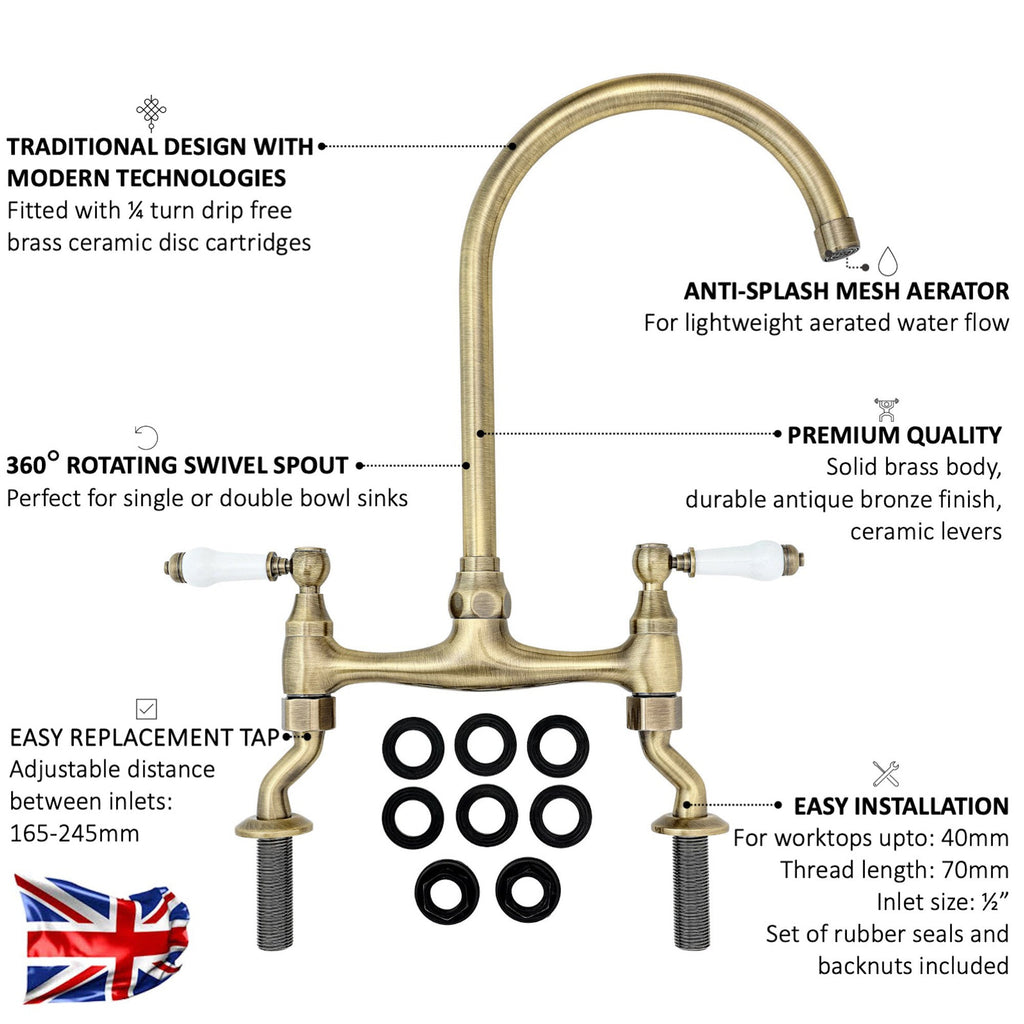 Astbury traditional bridge kitchen mixer tap with white ceramic levers deck mounted - antique brass