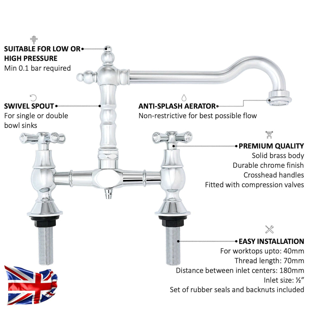 Langley traditional bridge kitchen sink mixer tap colonial crosshead - chrome
