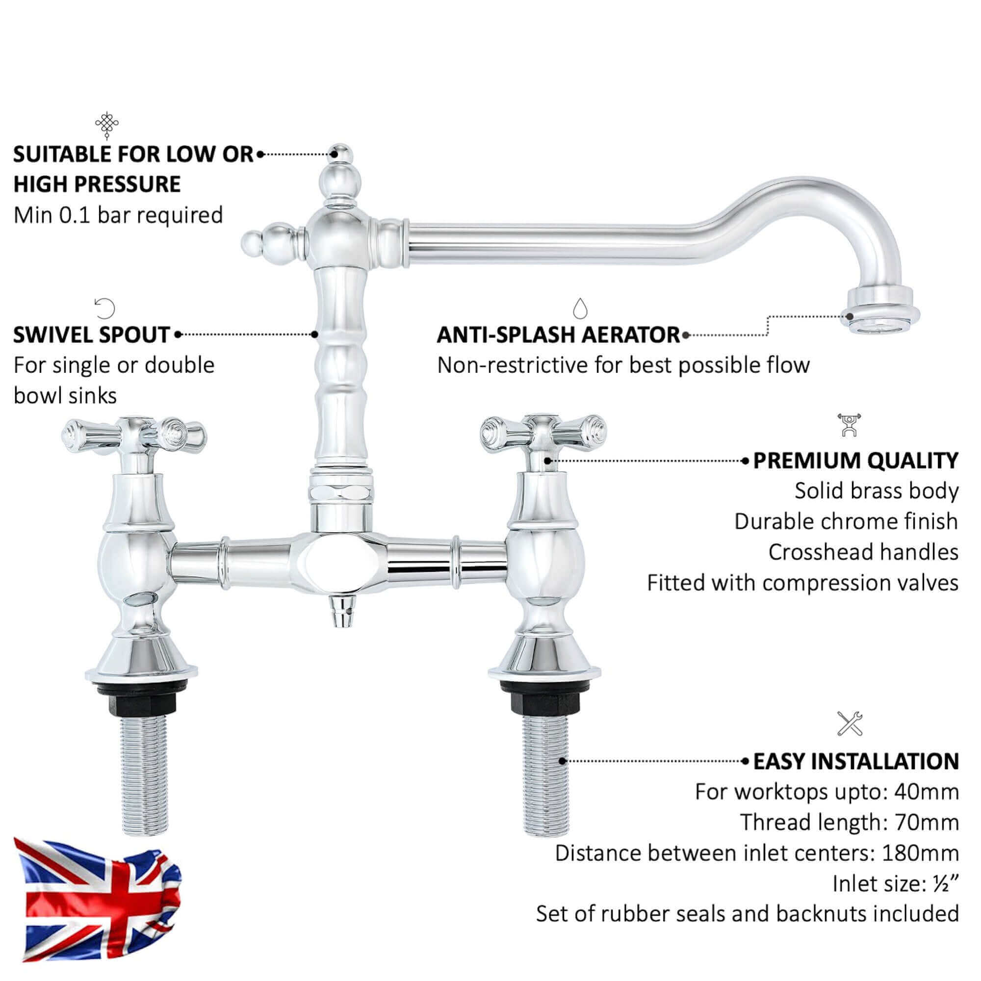 Langley traditional bridge kitchen sink mixer tap colonial crosshead - chrome